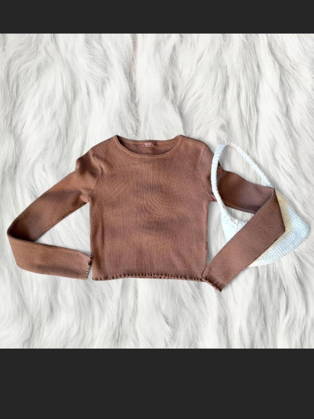 John Galt Brown Ribbed Cropped Long Sleeve Top
